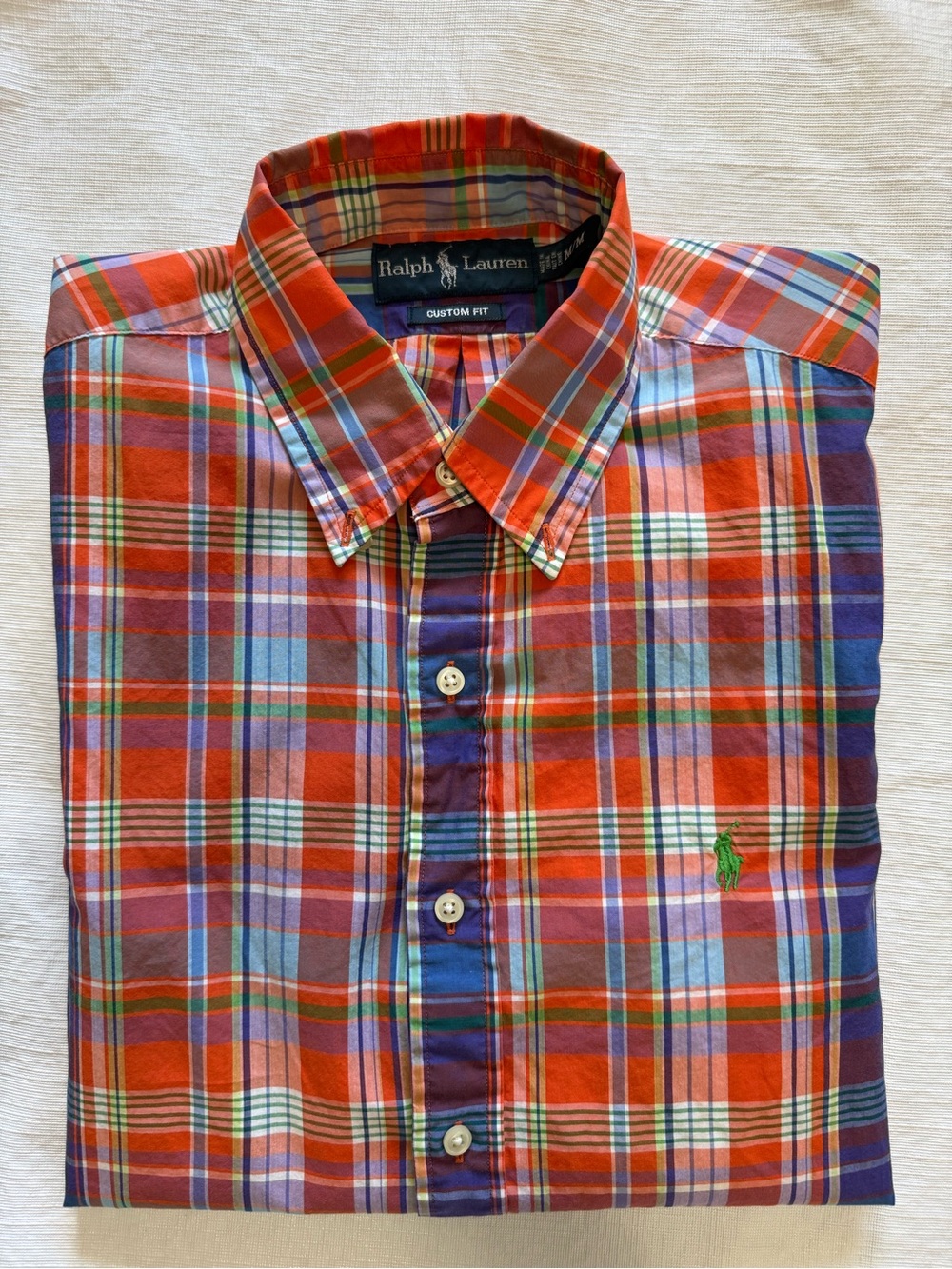 Ralph Lauren Men Gingham Oxford Orange, Blue and Purple Plaid Shirt Medium